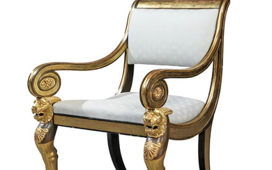 AN ENGLISH PARCEL-GILT AND BRONZED ARMCHAIR, POSSIBLY EARLY 19TH CENTURY