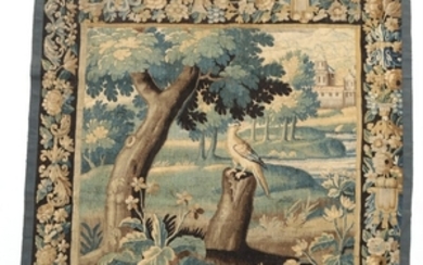 A Flemish Aubusson tapestry fragment, weaved with bird in landscape, background with a castle. 18th century. 149 x 159 cm.