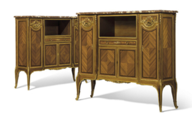 A PAIR OF FRENCH ORMOLU-MOUNTED KINGWOOD, MAHOGANY, EBONY AND PARQUETRY SIDE CABINETS, LAST QUARTER 19TH CENTURY