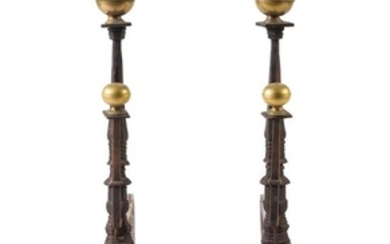 A Pair of Italian Baroque Brass and Iron Andirons