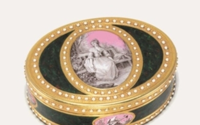 A LOUIS XVI ENAMELLED GOLD SNUFF-BOX, MAKER'S MARK J. J., MARKED, PARIS, WITH THE FIRST CHARGE AND DECHARGE MARKS OF HENRY CLAVEL 1780-1782, STRUCK WITH TWO FRENCH POST-1838 RESTRICTED WARRANTY MARKS FOR GOLD