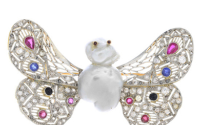 A natural pearl, diamond and gem-set butterfly brooch.