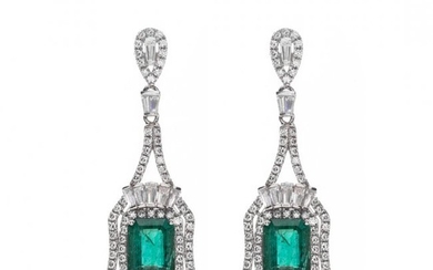 Pair of Platinum, Diamond and Emerald Earrings