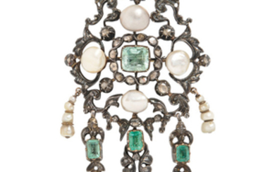 Renaissance Revival Silver, Emerald, and Diamond Brooch