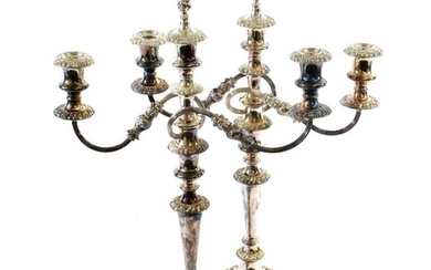 A Pair of Silver-Plated Three-Light Candelabra, 19th Century, on circular...