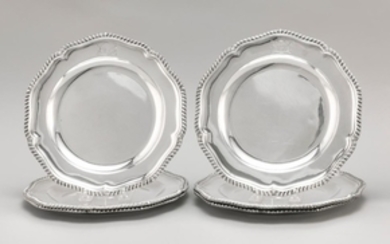 SIX GEORGE III STERLING SILVER PLATES Two 1772, John Parker I & Edward Wakelin, maker. Four 1776, maker's mark "IK". All with gadroo..
