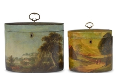 Two George III painted papier-mâché oval tea caddies the...