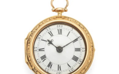 William Mayhew, Woodbridge. An 18K gold key wind pair case pocket watch with repousse decoration