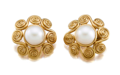 A pair of 18k gold and mabé pearl earclips,, David Webb