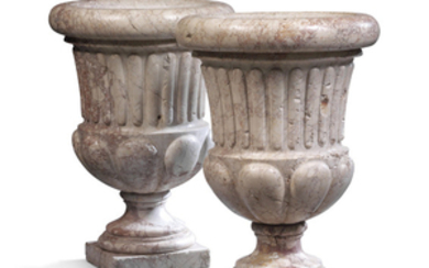 A PAIR OF ITALIAN PORTASANTA MARBLE URNS, LATE 19TH/EARLY 20TH CENTURY