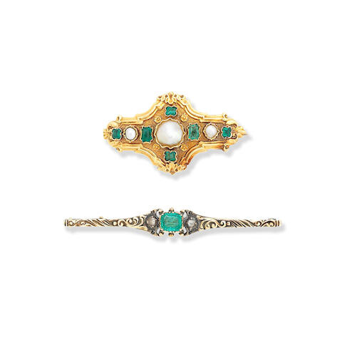 An emerald and seed-pearl brooch and an emerald and diamond bar brooch