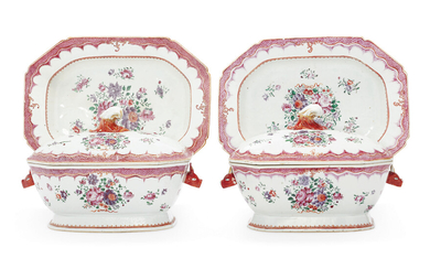 A PAIR OF FAMILLE ROSE SOUP TUREENS, COVERS AND STANDS, QIANLONG PERIOD, CIRCA 1760
