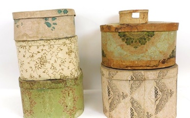 (6) wallpapered hatboxes, early to mid-19th