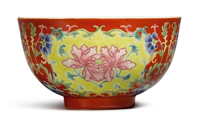 A CORAL-GROUND FAMILLE-ROSE 'PEONY' BOWL DAOGUANG SEAL MARK AND PERIOD