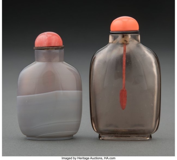 78004: Two Chinese Agate and Smoke Crystal Snuff Bottle