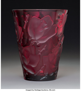 79204: Lalique Red Glass Ispahan Vase Post-1945. Engrav