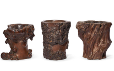 THREE ROOTWOOD BRUSHPOTS, QING DYNASTY (1644-1911)