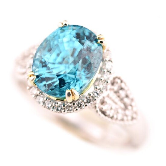 Blue Zircon, Diamond, 14k Gold Ring.
