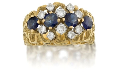 A 1970s 18ct gold, diamond and sapphire abstract ring, the four circular cut sapphires framed by ten brilliant-cut diamonds to a textured openwork hoop, c.1975, approx. ring size M