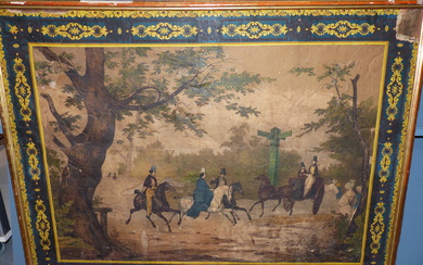 A 19TH CENTURY FRENCH LITHOGRAPH OF EQUESTRIANS ON THE ROAD NEAR PARIS, SOME HAND COLOURING, LAID ON