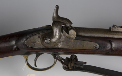 A 19th century percussion three-band rifle with sighted barrel, barrel length 99cm, the line border