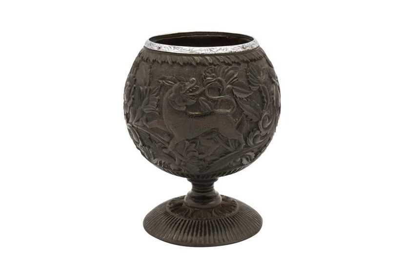 A 19th century unmarked Sheffield Plate mounted coconut cup, probably Indian Colonial circa 1850