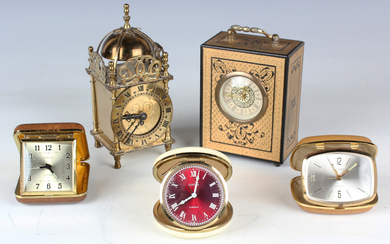 A 20th century brass lantern style mantel timepiece, height 18cm, together with four various mantel/