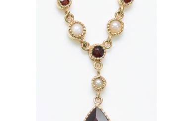 A 9ct gold garnet and cultured pearl necklace, chain, stone ...