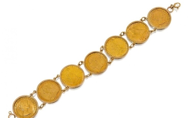 A 9ct gold-mounted sovereign bracelet, composed of seven sovereigns including Victorian young head 1872, Victoria Jubilee head 1889 and 1881, Victoria old head 1893x2, and two Elizabeth II, 1958 and 1967, length 18.0cm, gross weight 65.5g