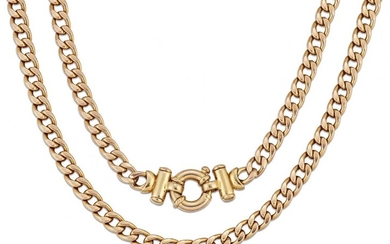 A 9ct gold necklace, of curb-link design with bar and bolt ring clasp, length, European convention hallmarks, length 50cm