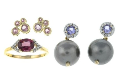 A 9ct gold pink tourmaline and paste ring, together with two pairs of gem-set earrings.