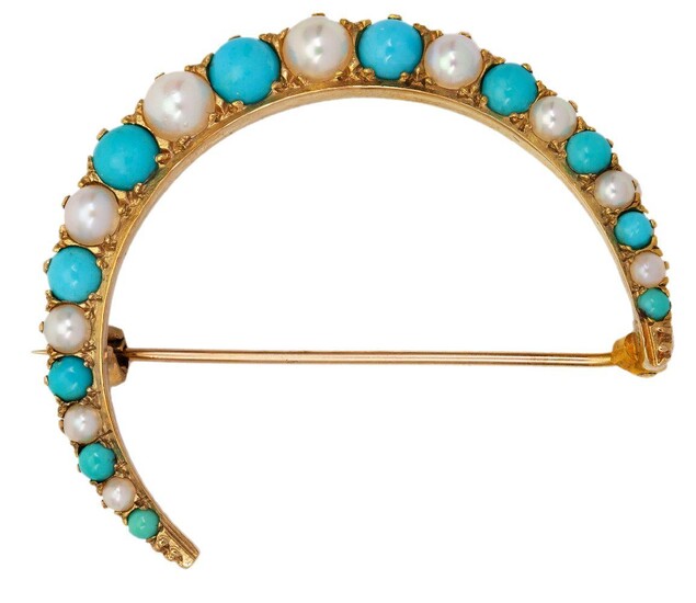 A 9ct gold, turquoise and half-pearl crescent moon brooch, alternately set with half-pearls and cabochon turquoise stamped 9ct, Armour-Winston case, c.1900