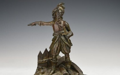 A BRONZE FIGURINE ON MARBLE STAND