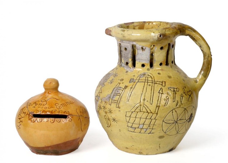 A Barnstaple Slipware Puzzle Jug, dated 1822, of traditional baluster...