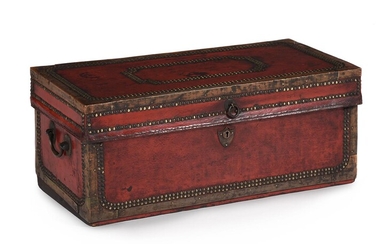 A CHINESE EXPORT RED LEATHER, BRASS BOUND AND STUDDED TRUNK, 19TH CENTURY