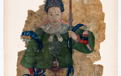 A CHINESE GUARDIAN FIGURE PAINTING ON SILK WITH COLLECTOR'S SEAL...