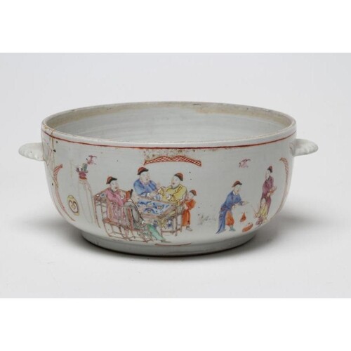 A CHINESE PORCELAIN TUREEN of plain circular form with two l...