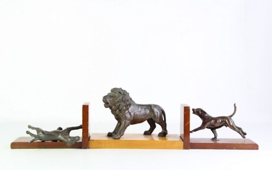 A Cast Bronze Lion Figure on Timber Base Together with A Pair of Dog Figural Bookends (A/F)
