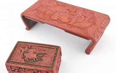A Chinese Cinnabar Lacquered Wood Table Stand and a Three-Color Lacquer Box