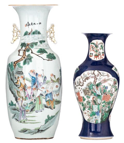 A Chinese bleu poudré and famille verte baluster vase, 19thC, H 45 cm. Added a famille rose vase, Republic period, H 56,5 cm