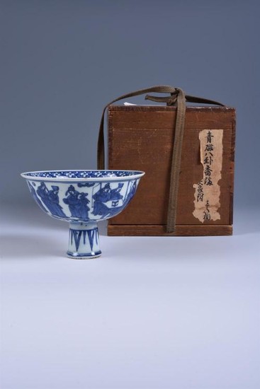 A Chinese blue and white 'Eighteen Scholars' stem cup