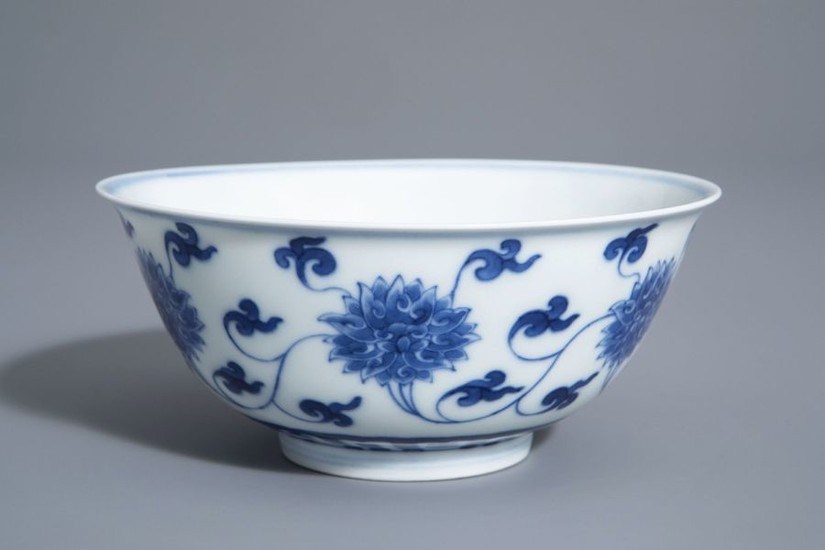 A Chinese blue and white 'lotus scroll' bowl,...