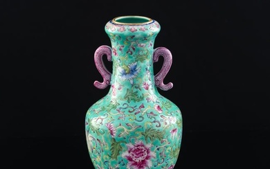 A Chinese turquoise-ground famille rose 'floral' double-handled vase, Republic period