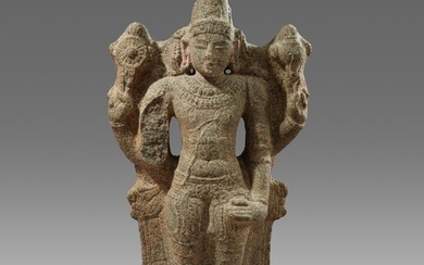 A Chola-style granite fragment of a standing Vishnu. Southern India, Tamil Nadu