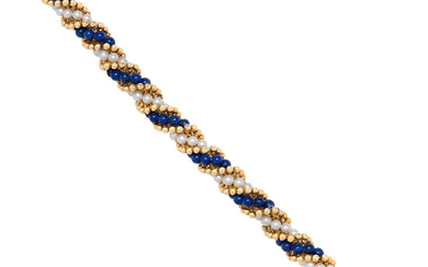 A Cultured Pearl, Lapis Lazuli and Gold Torsade Bracelet, Cartier