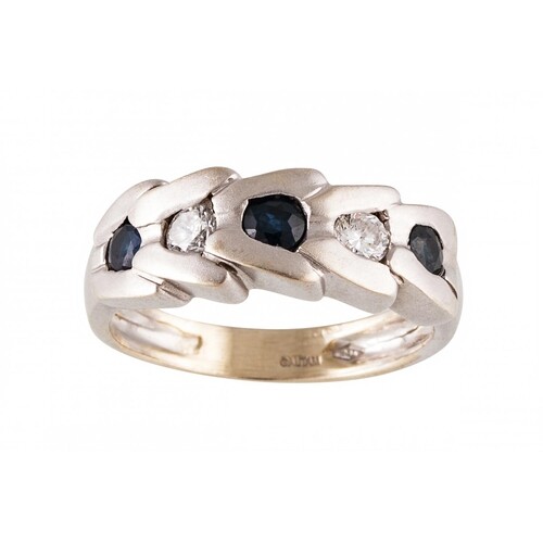 A DIAMOND AND SAPPHIRE RING, to a shaped 18ct white gold mou...