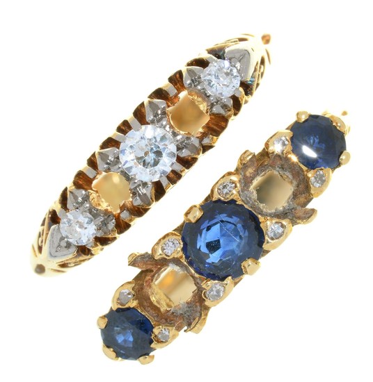 A DIAMOND RING IN GOLD MARKED 18CT AND A SAPPHIRE RING IN 18...