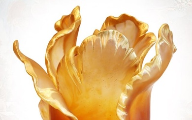A Daum France Tulip Gold Accents Amber Crystal Vase, Ltd Edition