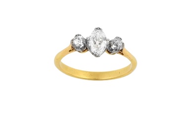 A Diamond Three Stone Ring the oval cut diamond flanked...