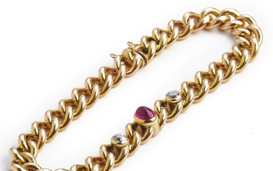 SOLD. A. Dragsted: A ruby and diamond bracelet set with an oval cabochon ruby and old-cut diamonds, mounted in 14k gold. J/P1. L. app. 20 cm. Weight app. 38.5 g. – Bruun Rasmussen Auctioneers of Fine Art